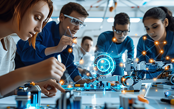 Three focused teenagers working together on a robotics project in a lab, highlighting teamwork, innovation, and STEM education.