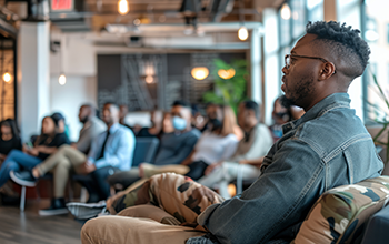 An entrepreneur, hosting a fireside chat with industry leaders in a trendy co-working space, facilitating candid discussions on entrepreneurship and innovation, his passion for disruption