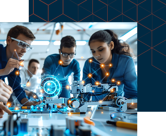Three focused teenagers working together on a robotics project in a lab, highlighting teamwork, innovation, and STEM education.
