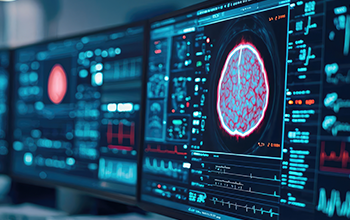 Medical professional analyzing brain scan on multiple monitors in a modern lab
